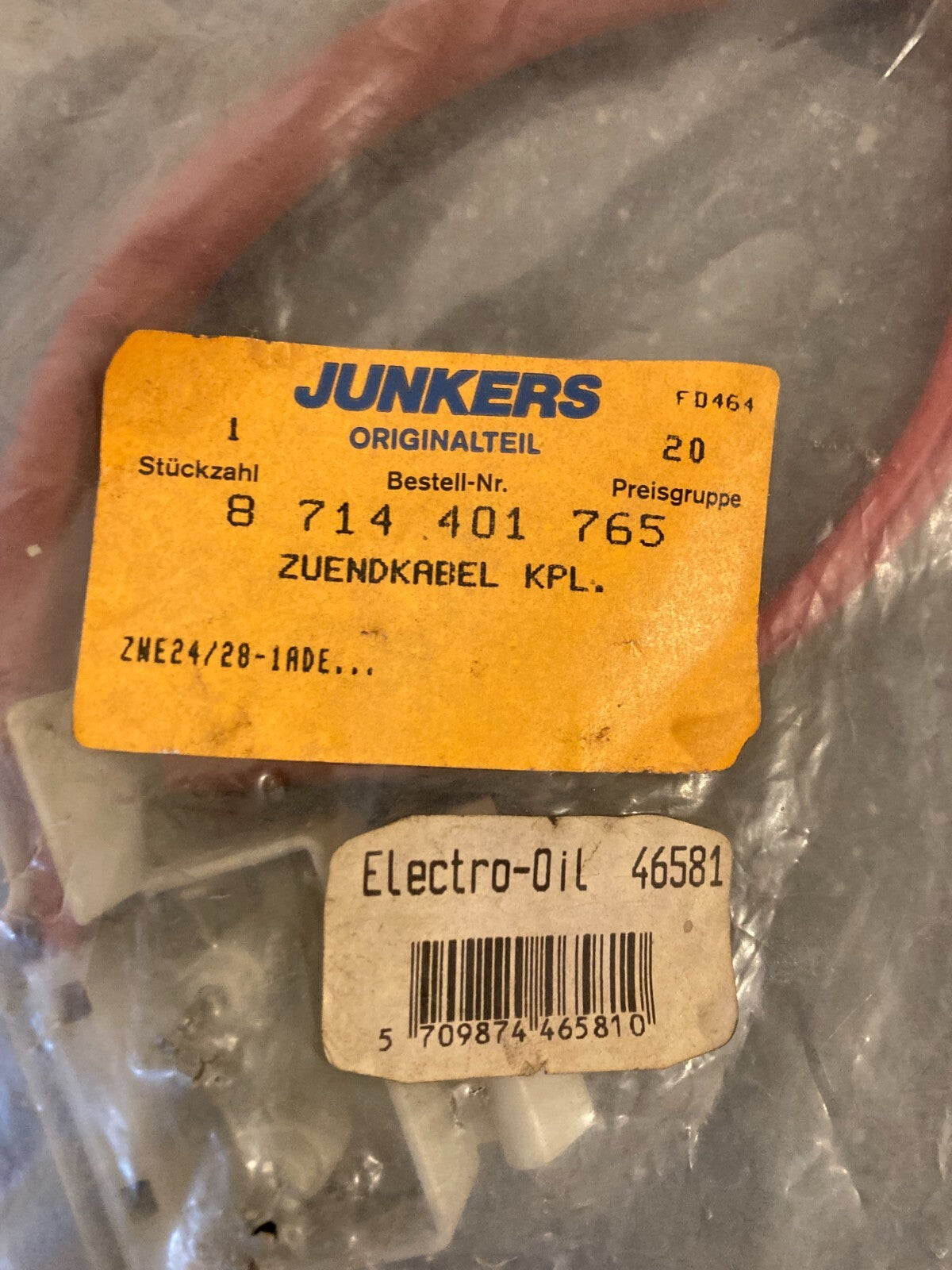 Junkers Bosch Boiler Electrode Ignition Cable Set PN: 8714401765 - NOS Original