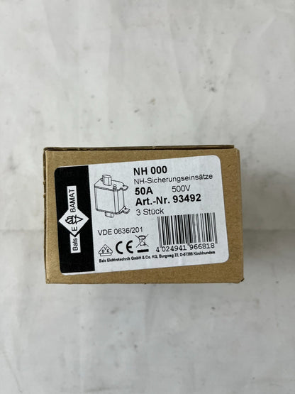 Bals NH000 Fuse 50A 500V gG NH Fuse Link Art 93492 3pcs New in Box