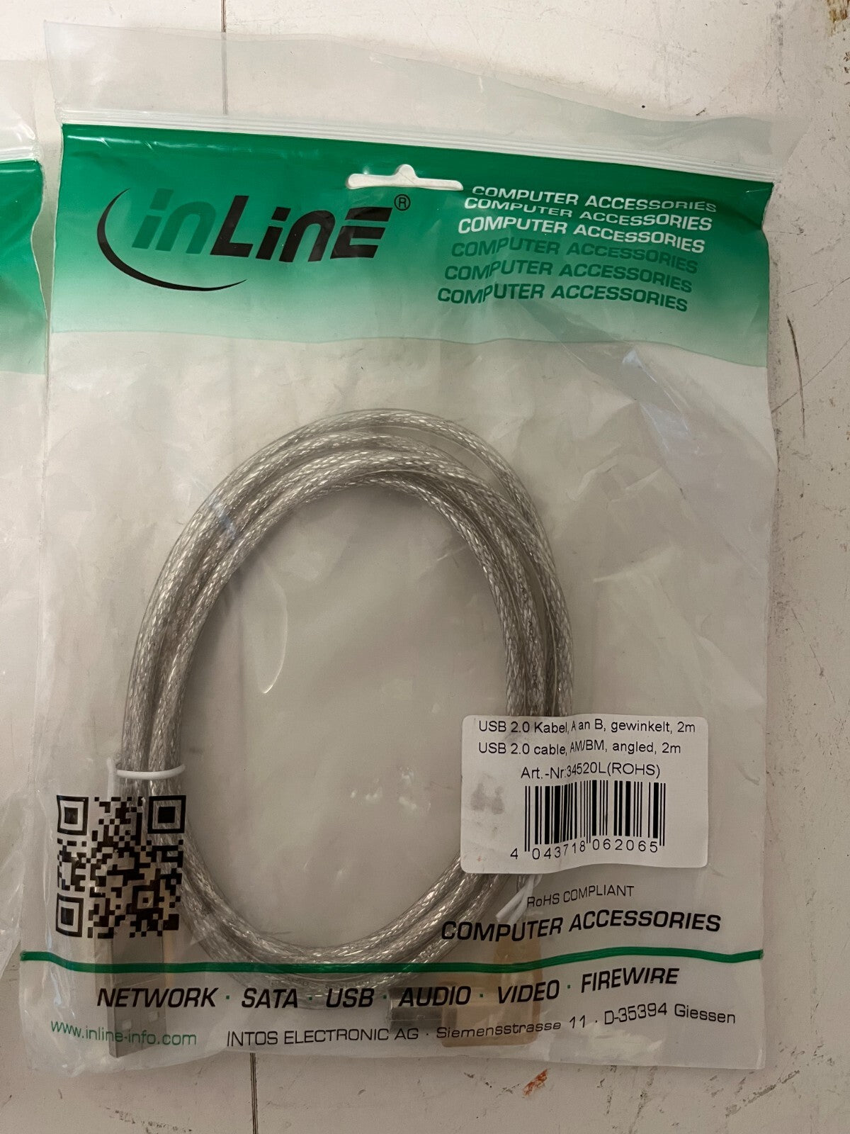 Lot of 2x InLine USB 2.0 Cable AM to BM Angled 2m Art. 34520L New Sealed