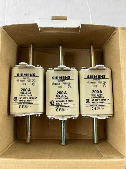Siemens 3NA3 240 NH2 200A 500V gG LV HRC Fuse Links Box of 3 New Spare