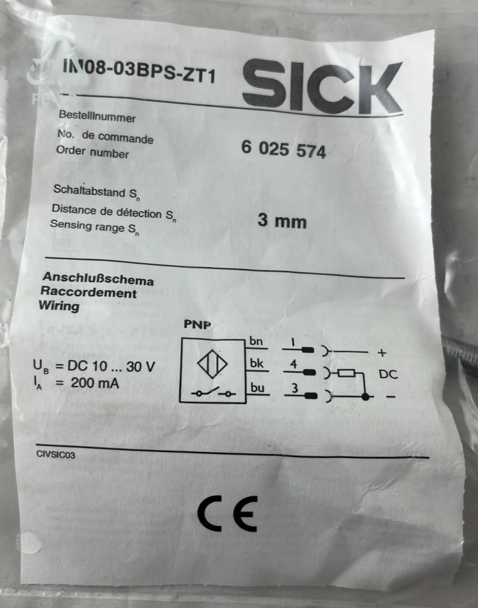 SICK IN08-03BPS-ZT1 Inductive Proximity Sensor 3mm PNP 10–30VDC New Unit