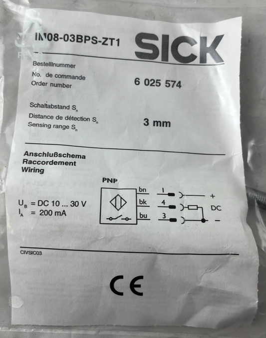 SICK IN08-03BPS-ZT1 Inductive Proximity Sensor 3mm PNP 10–30VDC New Unit