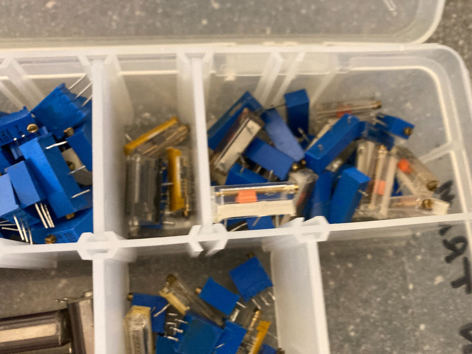 Assorted Trimmer Potentiometers and Switches Lot in Clear Plastic Storage Box