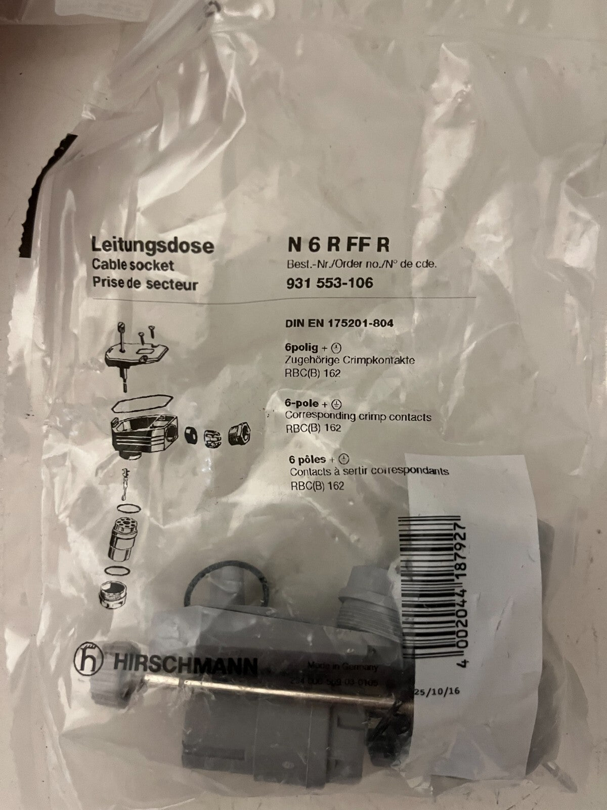 Hirschmann N6RFFR Cable Socket 931553106 6-Pole Crimp Contacts New Sealed