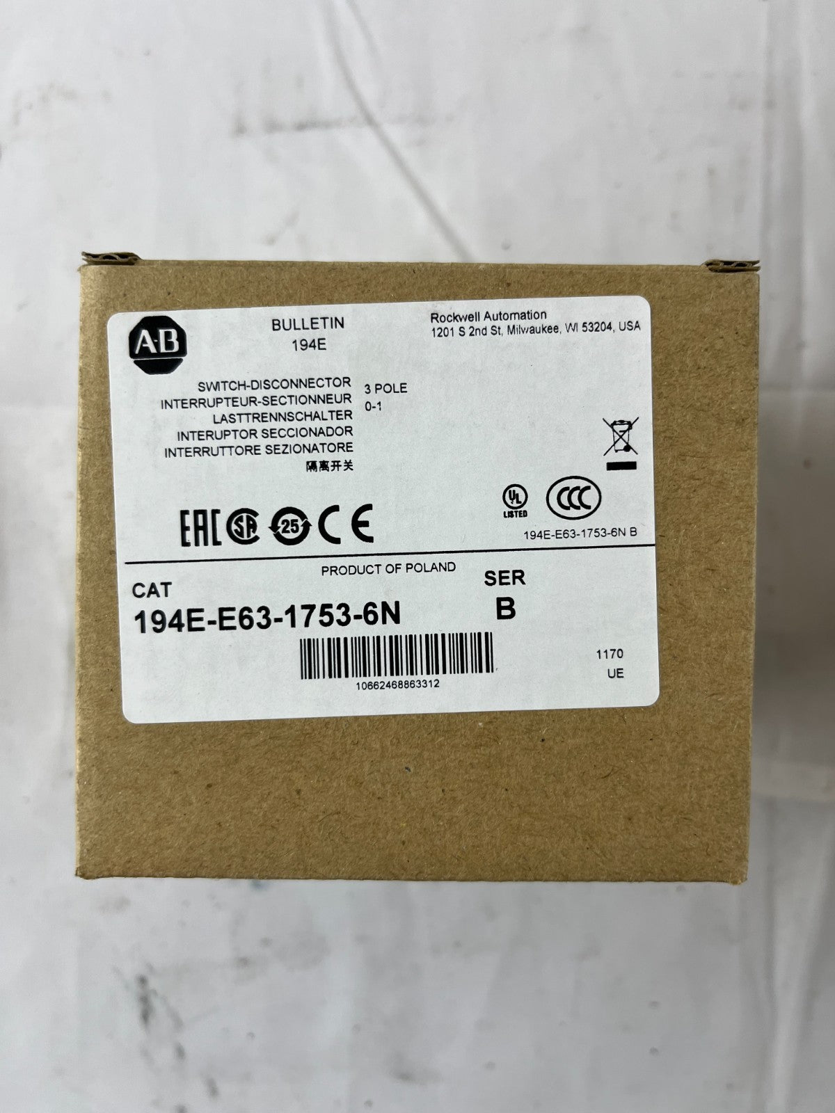 Allen Bradley 194E-E63-1753-6N Load Switch 63A 3-Pole 22kW IP66 Poland NEW
