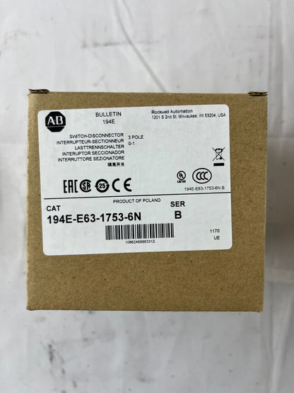 Allen Bradley 194E-E63-1753-6N Load Switch 63A 3-Pole 22kW IP66 Poland NEW