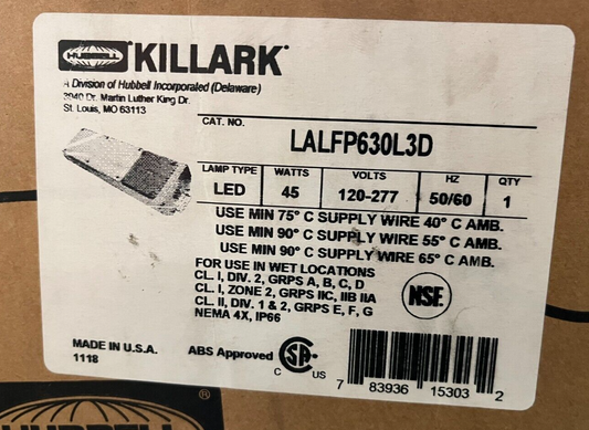 Killark LALFP630L3D 45W LED Hazardous Location Luminaire, 120-277V, IP66 NEW