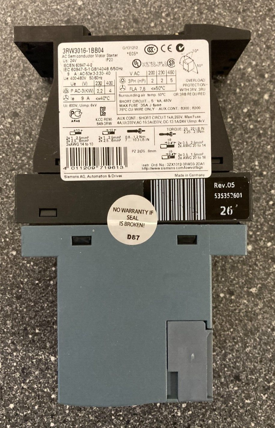 Siemens SIRIUS 3RW3016-1BB04 Soft Starter for 3-Phase Motors - Used, Working!