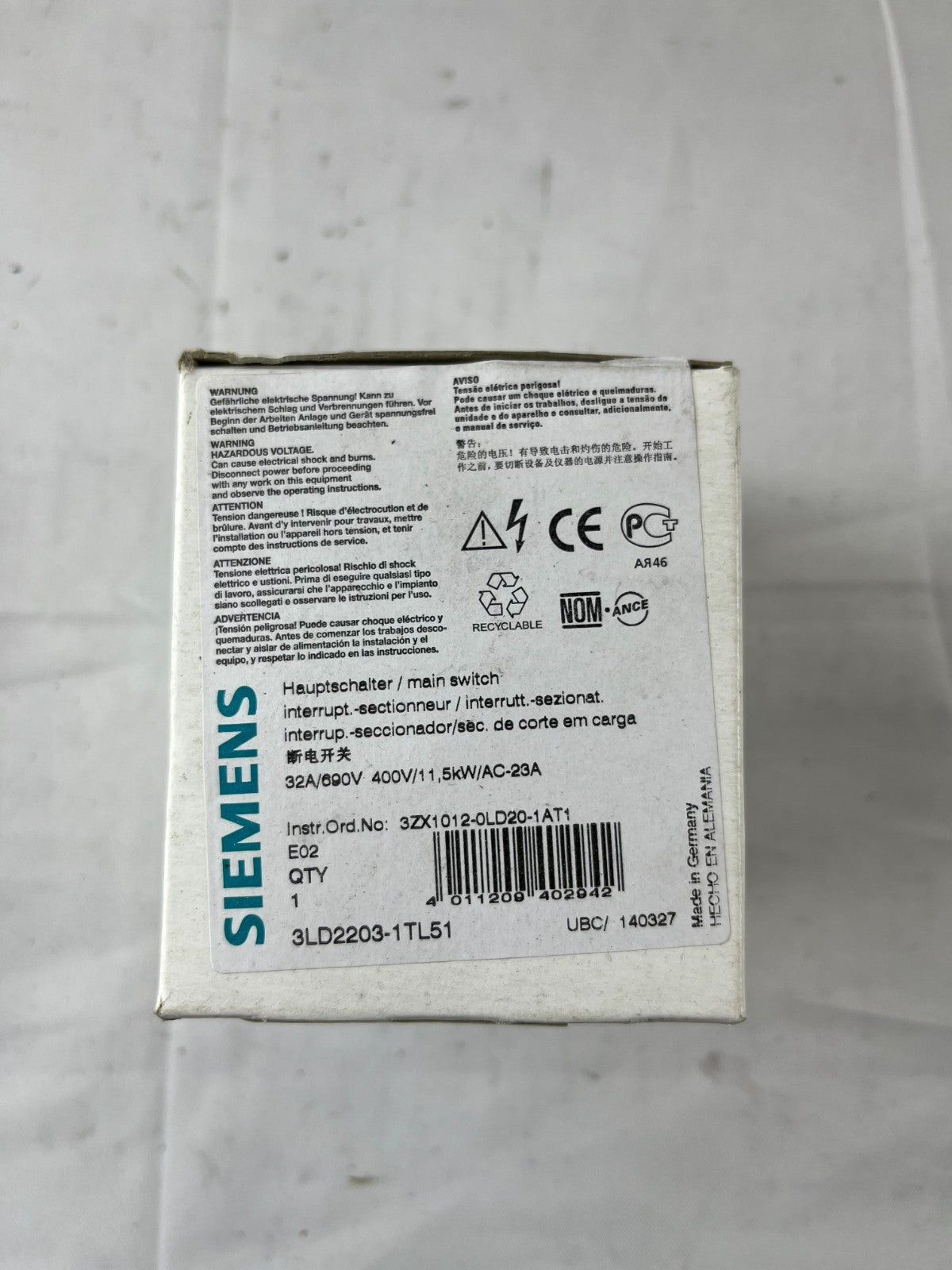 Siemens 3LD2203-1TL51 Main Switch Disconnector 4-Pole 32A 690V 11.5kW New