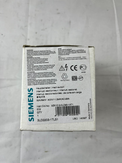 Siemens 3LD2203-1TL51 Main Switch Disconnector 4-Pole 32A 690V 11.5kW New