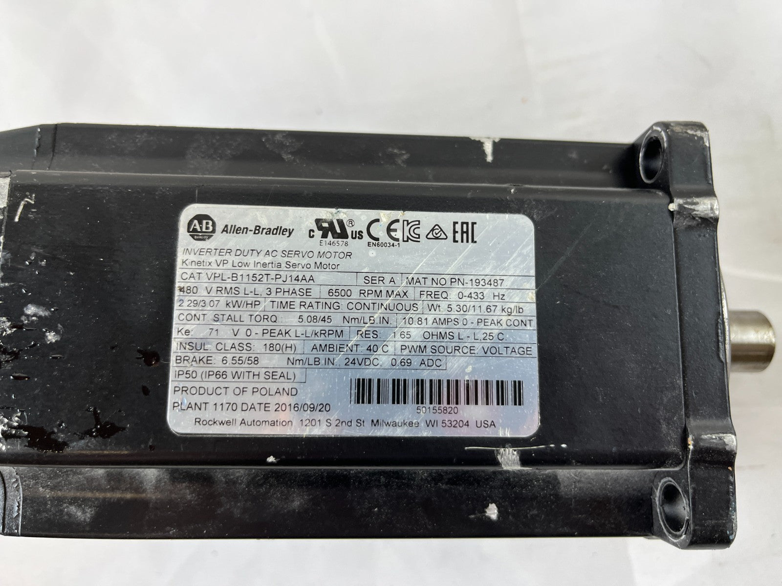 Allen-Bradley VPL-B1152T-PJ14AA Kinetix AC Servo Motor 3.07kW Brake Tested OK