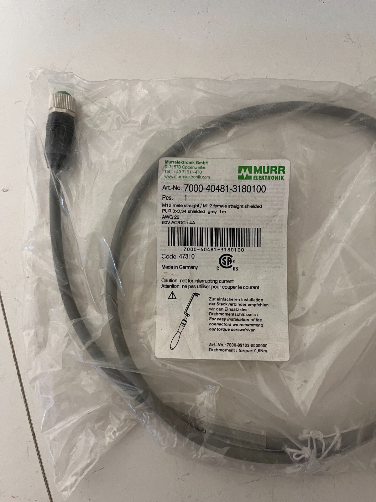 Murrelektronik 7000-40481-3180100 M12 Shielded Cable 1m Male/Female New