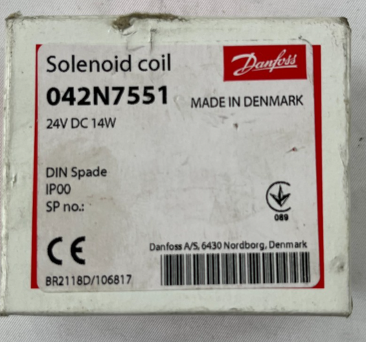 Danfoss 042N7551 Solenoid Coil 24V DC 14W BA024D DIN Spade IP00 New in Box