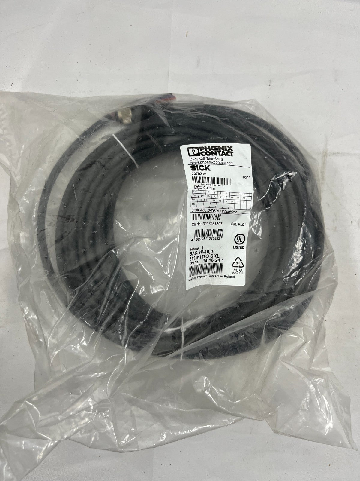 Phoenix Contact SAC-8P-10.0-519/M12FS SKL Sensor Cable 8-Pin M12 Female 10m SICK