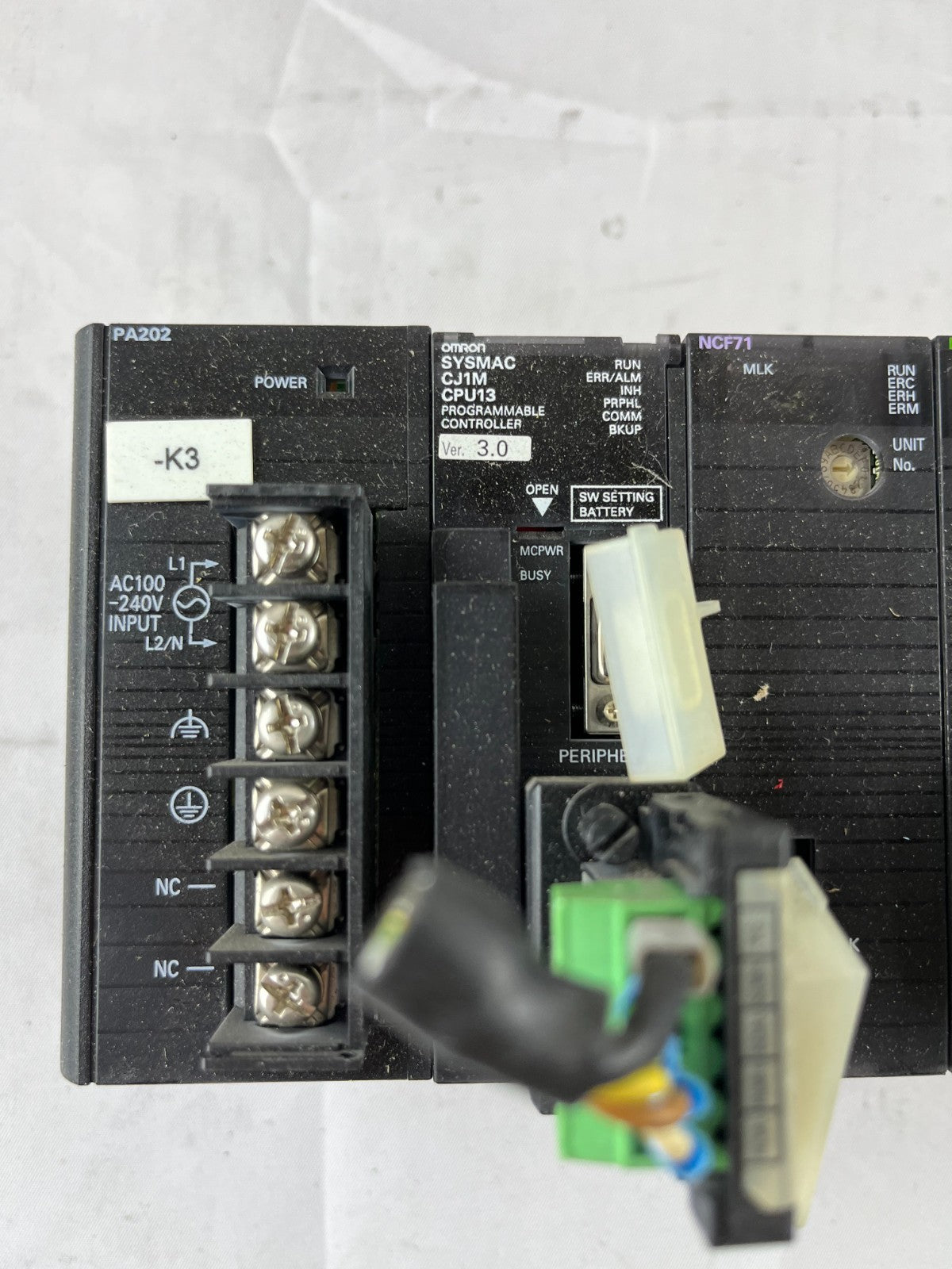 Omron CJ1M-CPU13 PLC System w/ PA202 PSU, NCF71, DRM21, ID232 & (2x) OD232 I/O