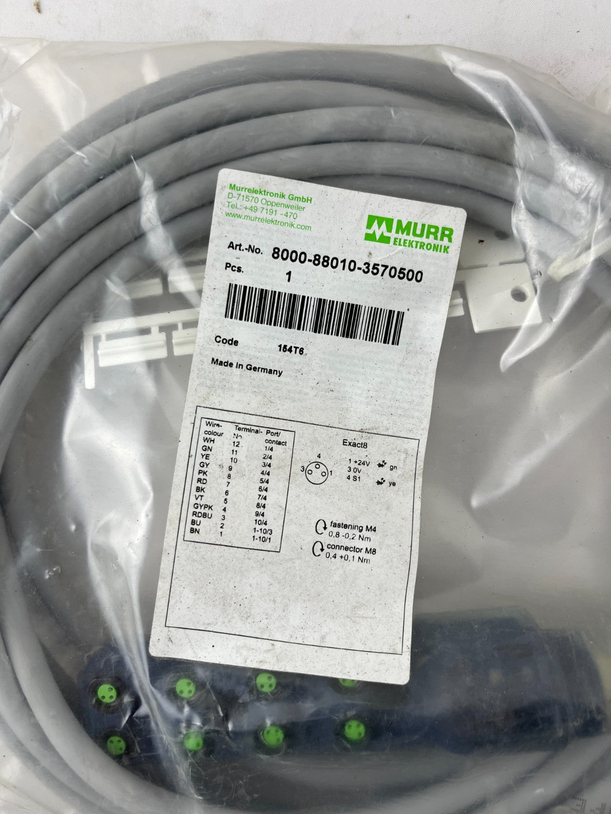 Murr Elektronik exact8 8000-88010-3570500 8-Port M8 Distribution 5m Cable NEW