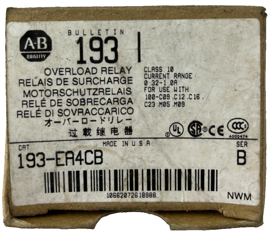 Allen‑Bradley 193‑EA4CB Solid State Overload Relay 0.32–1.6A New in Box Spare