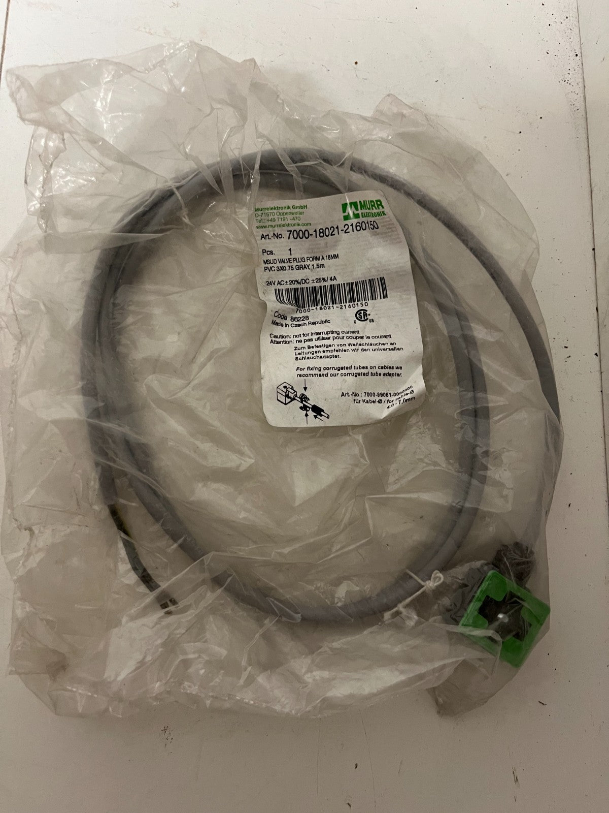 Murr Elektronik 7000-18021-2160150 MSUD Valve Plug Form A 18mm, 1.5m Cable, NEW