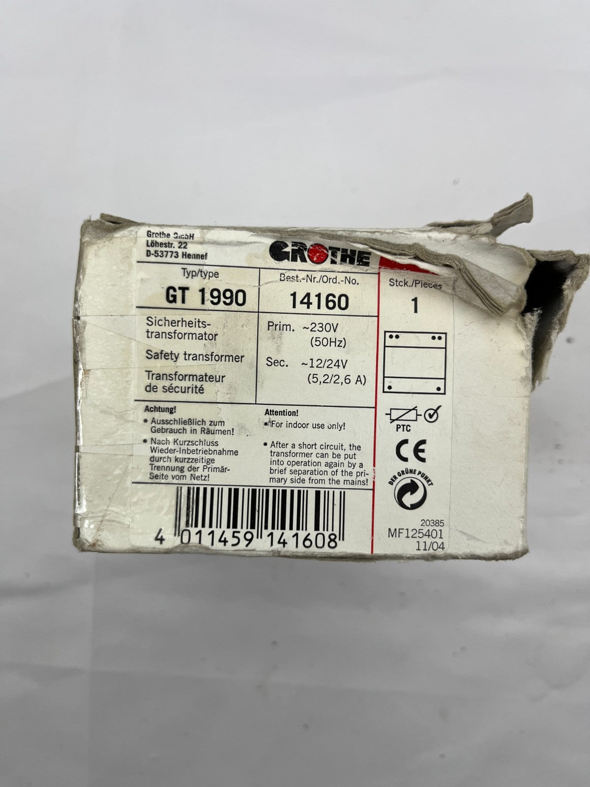 Grothe GT 1990 Safety Transformer 12/24V 5.2/2.6A Model 14160 New Open Box