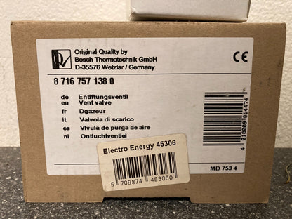 Bosch Thermotechnik Vent Valve PN: 87167571380 Made in Germany