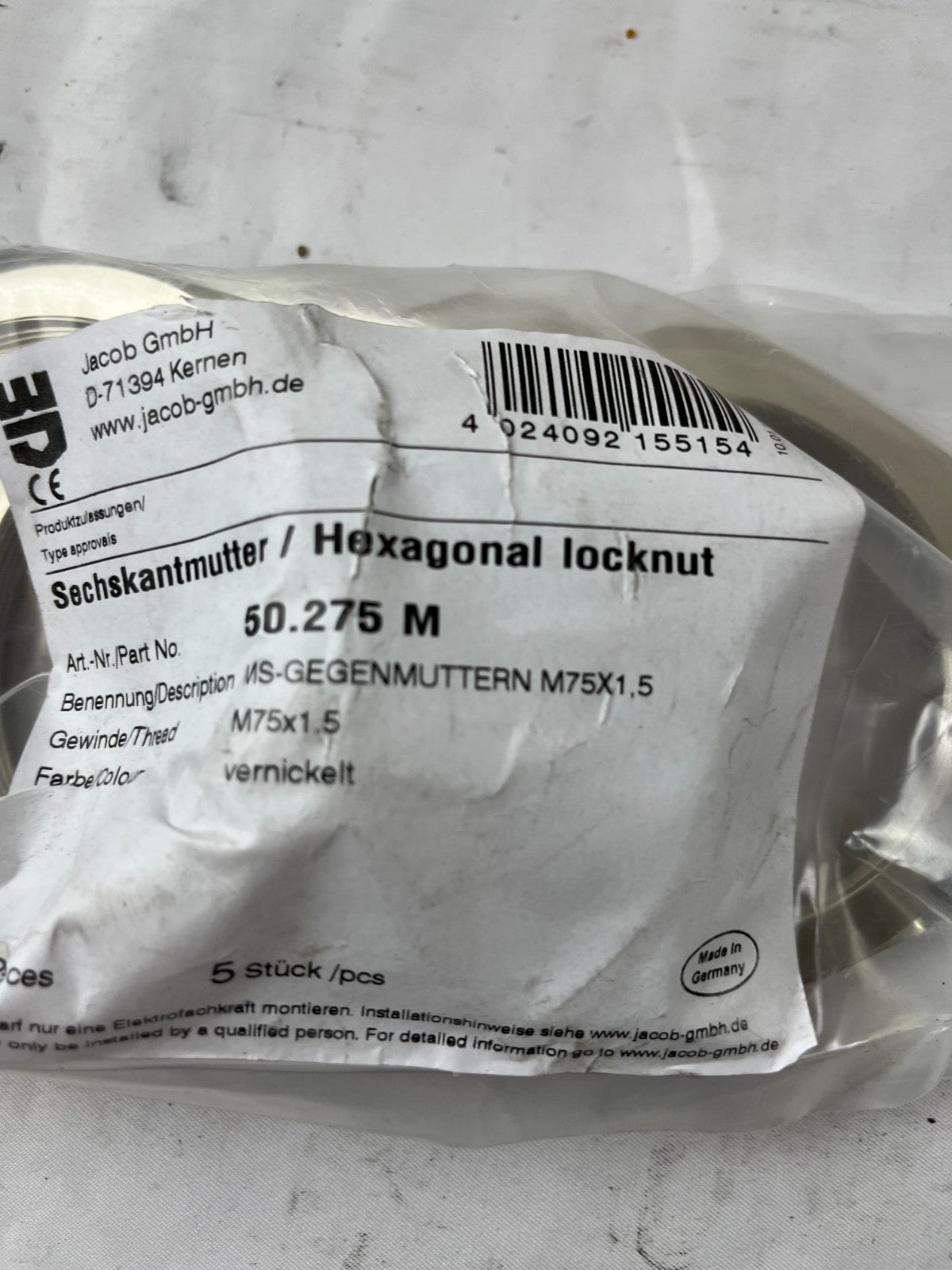 Jacob 50.275 M Hexagonal Locknut M75x1.5 Nickel Plated 5pcs New