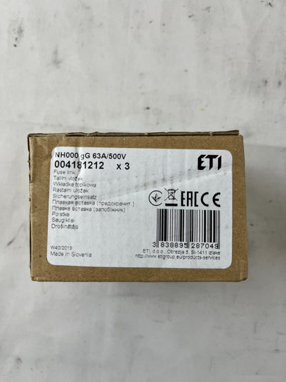 ETI NH000 Fuse Link 63A 500V gG NH Fuse 004181212 3pcs New in Box