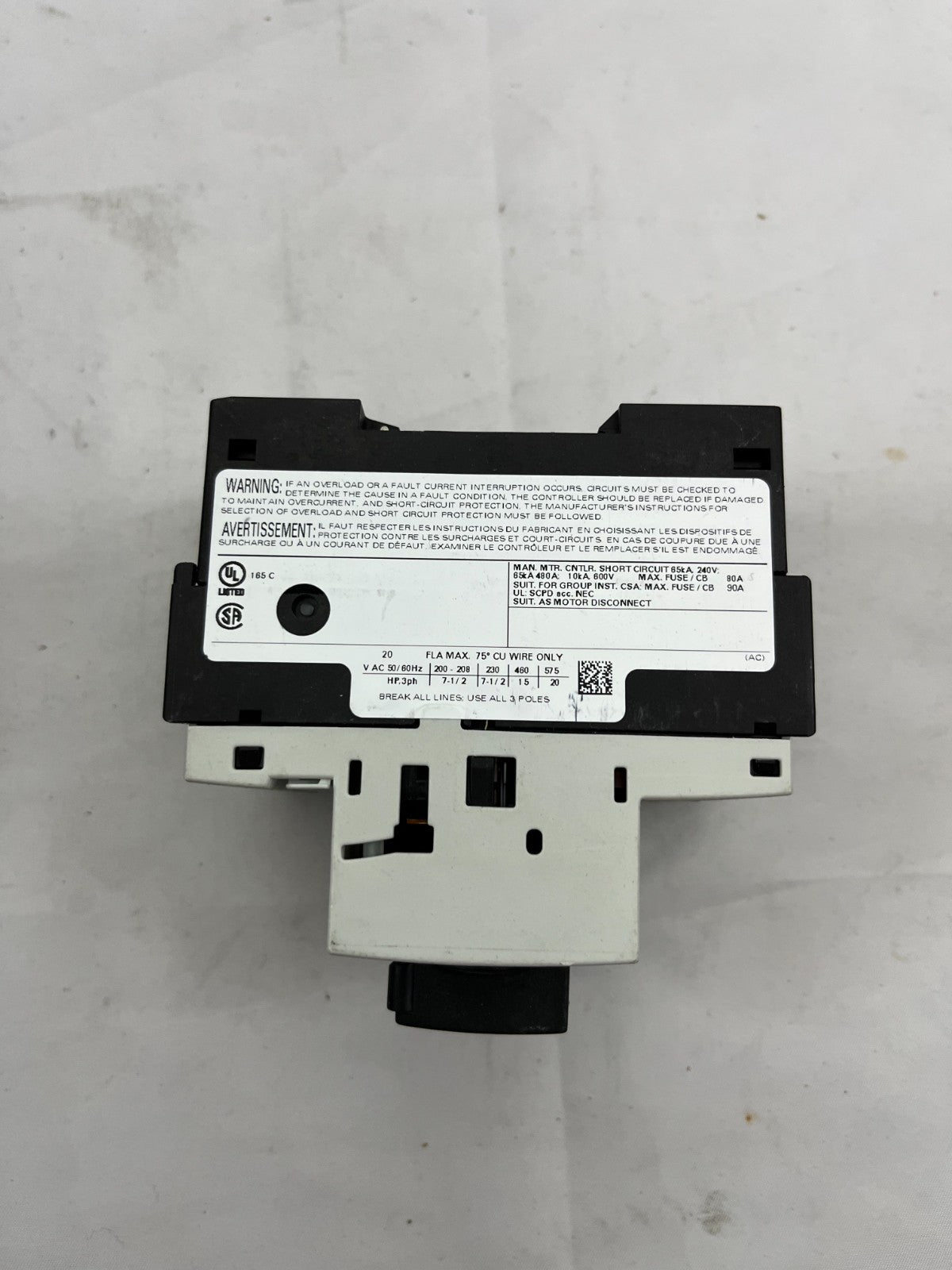 Siemens SIRIUS 3RV1321-4BC10 Motor Protection Circuit Breaker, 20A, 3-Pole, Used