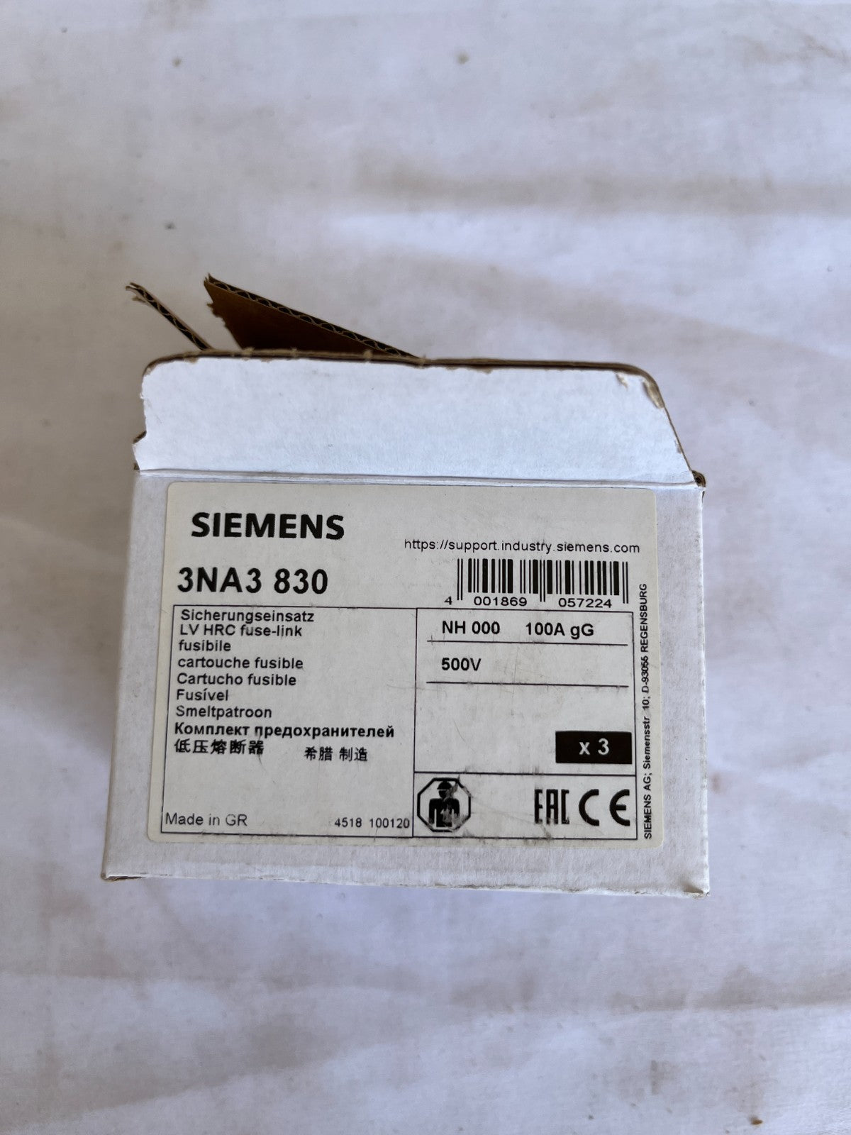 Siemens 3NA3 830 NH000 Fuse Link 100A gG 500V New 3 Pcs Spare Units
