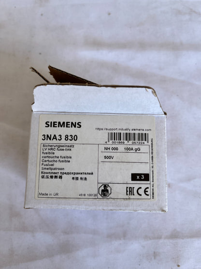 Siemens 3NA3 830 NH000 Fuse Link 100A gG 500V New 3 Pcs Spare Units