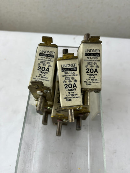 Lindner NH-C00 7999 Fuse 20A 500V gL-gI Vollschutz Corrosion Resistant Lot of 6x
