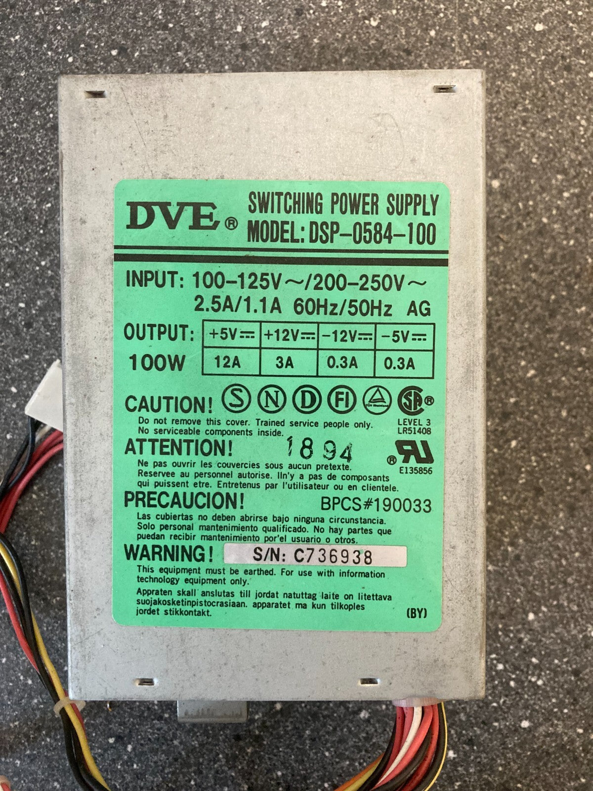DVE DSP-0584-100 Switching Power Supply  - Used Condition - Vintage PC