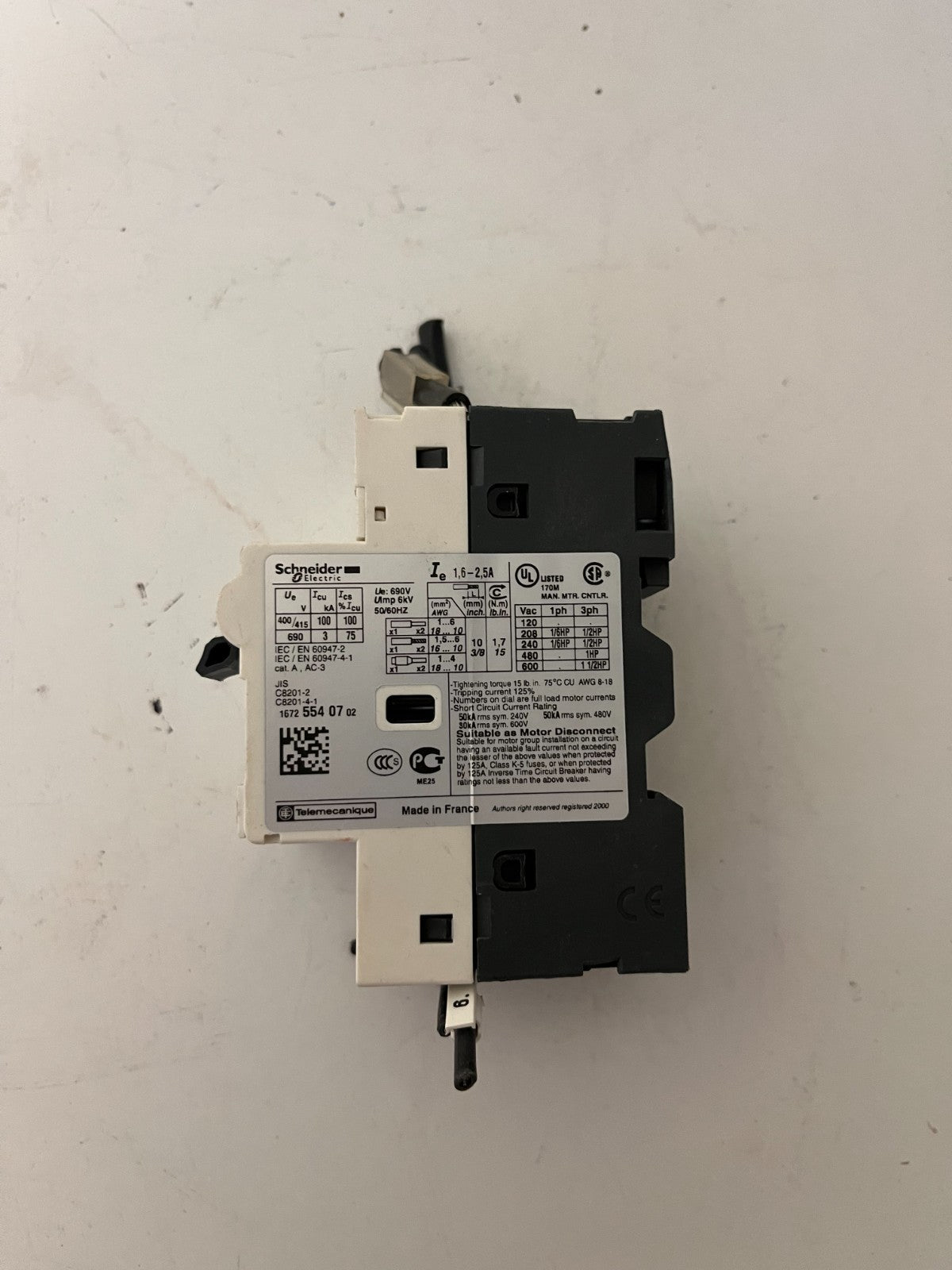 Schneider Electric GV2-RT07 Motor Circuit Breaker 1.6–2.5A TeSys GV2 Used Spare
