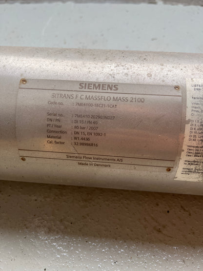 Siemens SITRANS F C MASSFLO MASS 2100 7ME4100-1EC21-1CA1 DN15 PN40 Flowmeter Used