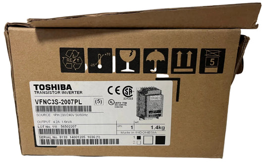 A Toshiba transistor inverter cardboard box with a white product label showing the model VFNC3S-2007PL, photographed on a white surface against a white wall.