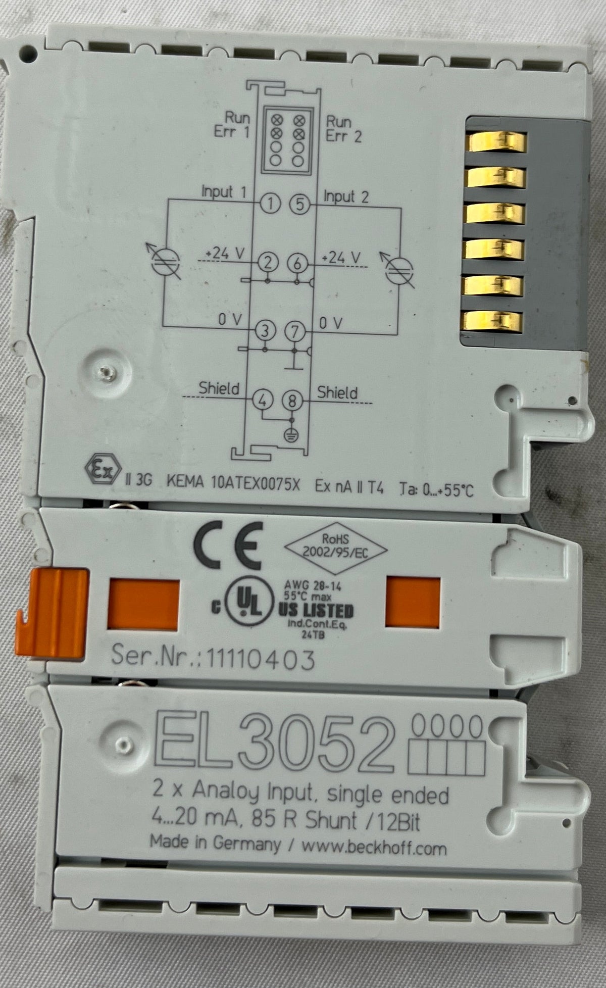 Beckhoff EL3052 Analog Input Terminal – 2 Ch, 4–20 mA